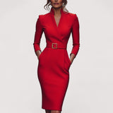 Nora™ | Elegantna crna haljina s remenom i mandarin ovratnikom