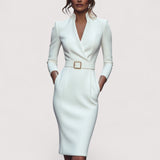 Nora™ | Elegantna crna haljina s remenom i mandarin ovratnikom