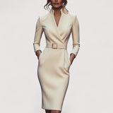 Nora™ | Elegantna crna haljina s remenom i mandarin ovratnikom