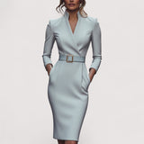 Nora™ | Elegantna crna haljina s remenom i mandarin ovratnikom