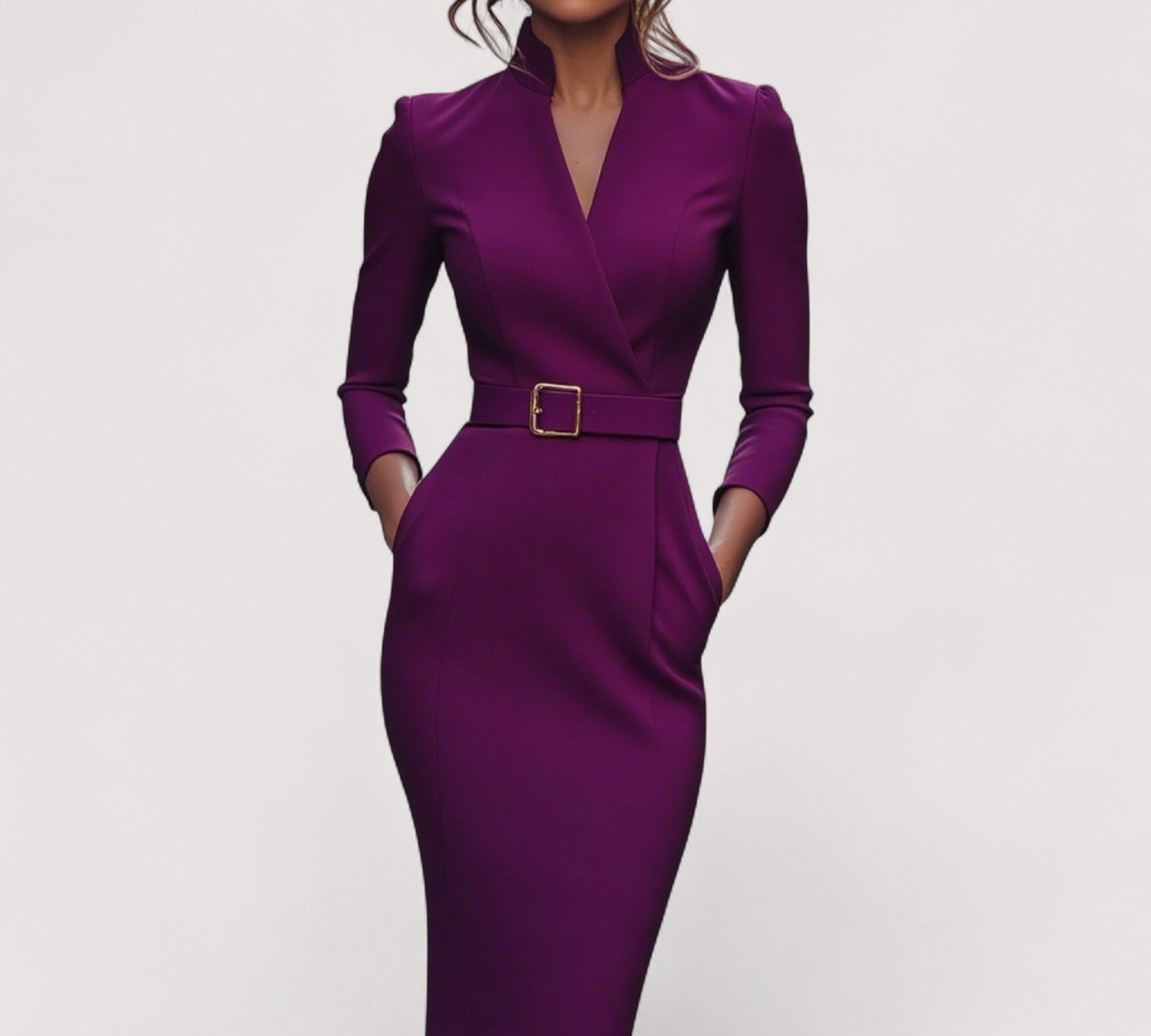 Nora™ | Elegantna crna haljina s remenom i mandarin ovratnikom