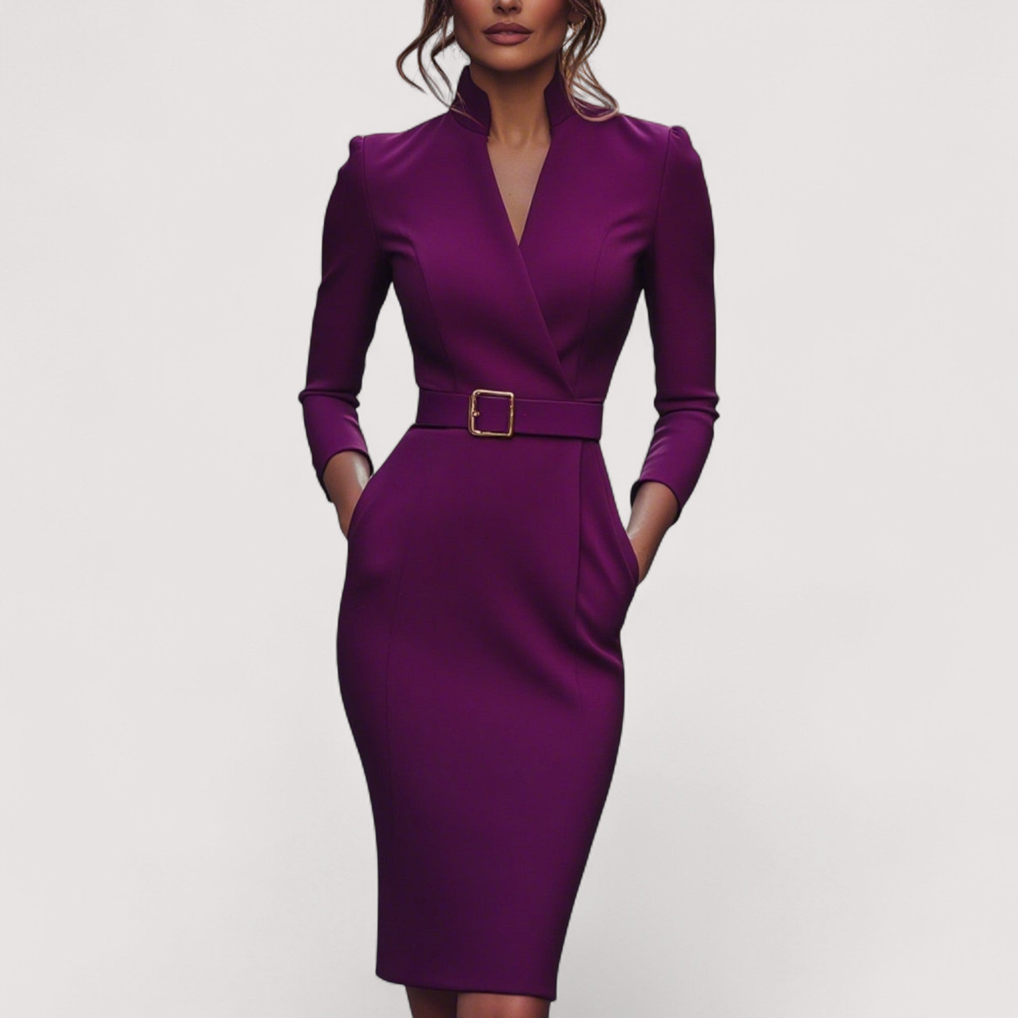 Nora™ | Elegantna crna haljina s remenom i mandarin ovratnikom