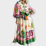 Maxi haljina s remenom i nabuhlim rukavima