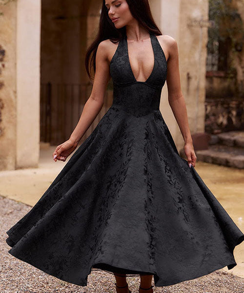 Genevieve™ | V-izrez Halterneck bez rukava Jacquard maksi haljina