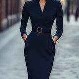 Kloey – Elegantna midi haljina s remenom i ovratnikom - Plava