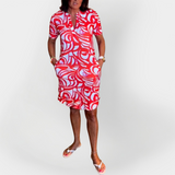 Srednje midi haljina s uzorkom i kratkim rukavima