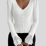 Zoja - Rebrasta Majica S V-Izrezom I Čipkastim Rukavima