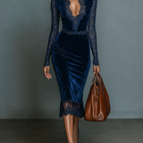 Elegantna slim-fit midi haljina s V-izrezom od tamnoplanog baršuna s čipkom za žene