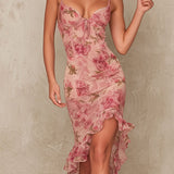 Elegantna Midi Bodycon Haljina Ružičasta Boja s Volanima