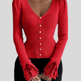 Zoja - Rebrasta Majica S V-Izrezom I Čipkastim Rukavima