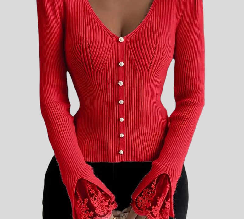 Zoja - Rebrasta Majica S V-Izrezom I Čipkastim Rukavima