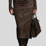 Ilaria – Midi Haljina Od Brušene Kože S Visokim Ovratnikom I Dugim Rukavima