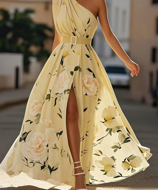 Julie | Svijetlozeleni Cvjetni Chiffon Haljina s Jednim Rame