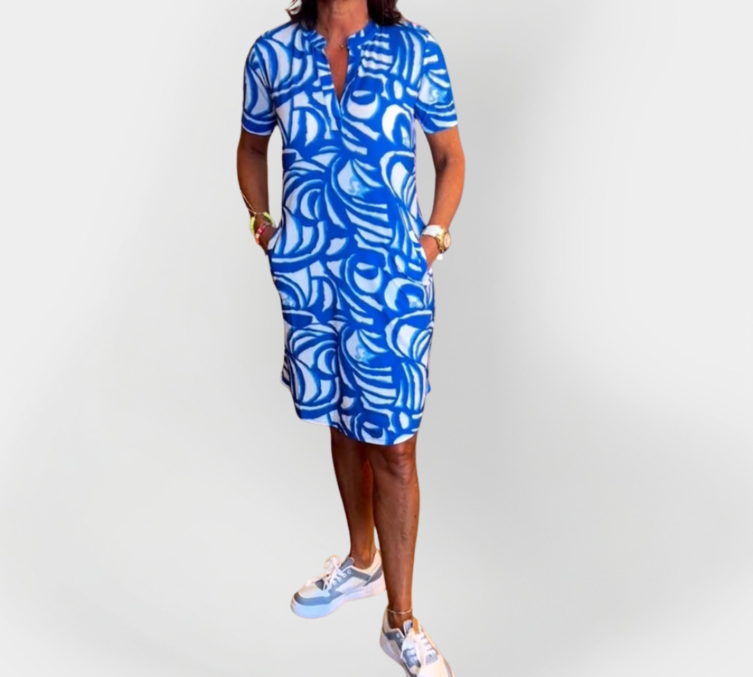 Srednje midi haljina s uzorkom i kratkim rukavima