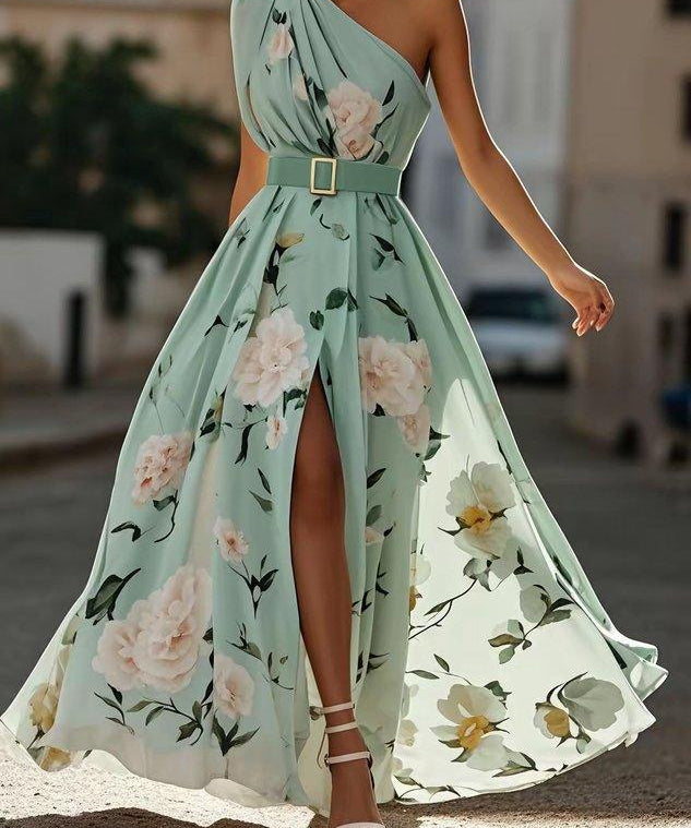 Julie | Svijetlozelena Cvjetna Chiffon Haljina na Jedno Rame