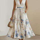 Chloe | Bijela cvjetna chiffon midi haljina s V-izrezom i nabranim detaljima