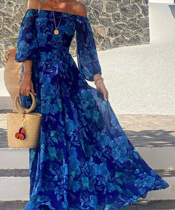 Francesca – Duga Haljina s Cvjetnim Uzorkom i Off-Shoulder Rukavima