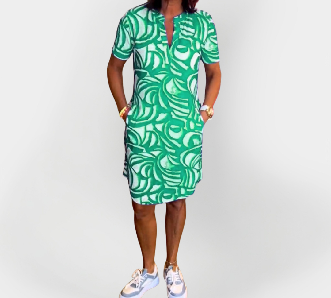 Srednje midi haljina s uzorkom i kratkim rukavima