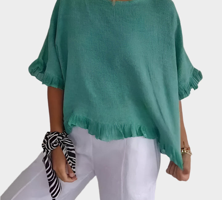 Prozračna Lanena Bluza s Šavovima i Volanima