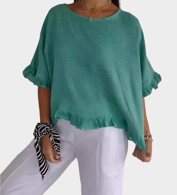 Prozračna Lanena Bluza s Šavovima i Volanima