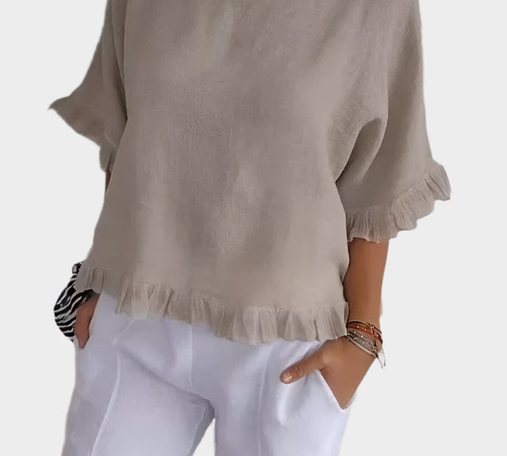 Prozračna Lanena Bluza s Šavovima i Volanima
