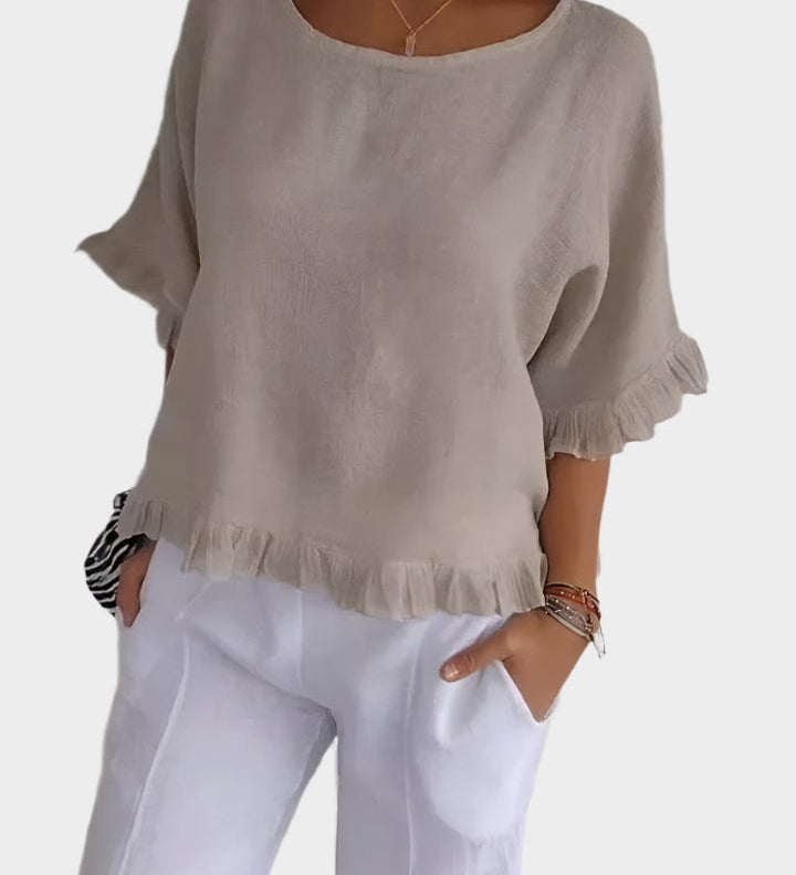 Prozračna Lanena Bluza s Šavovima i Volanima