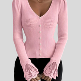 Zoja - Rebrasta Majica S V-Izrezom I Čipkastim Rukavima