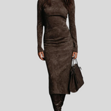 Ilaria – Midi Haljina Od Brušene Kože S Visokim Ovratnikom I Dugim Rukavima
