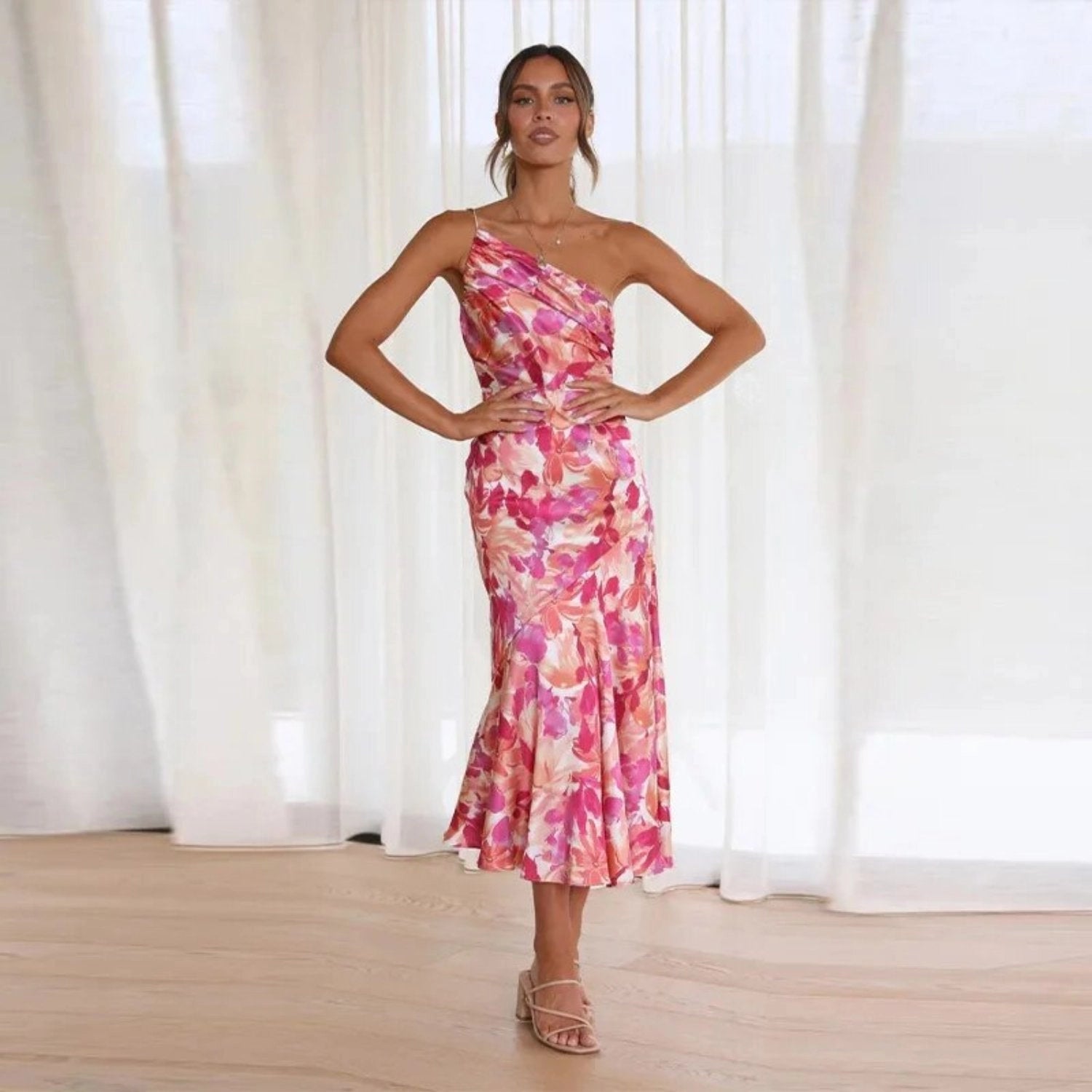 Genevieve | ženski Wedding Guest cvjetna Asymmetric midi haljina