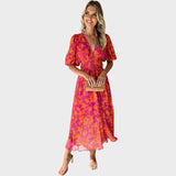 Ranka - Cvjetna midi haljina s puf rukavima i V-izrezom