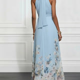 Rosalyn | Plava cvjetna chiffon haljina s halter izrezom