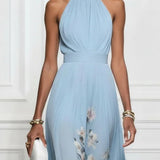 Rosalyn | Plava cvjetna chiffon haljina s halter izrezom