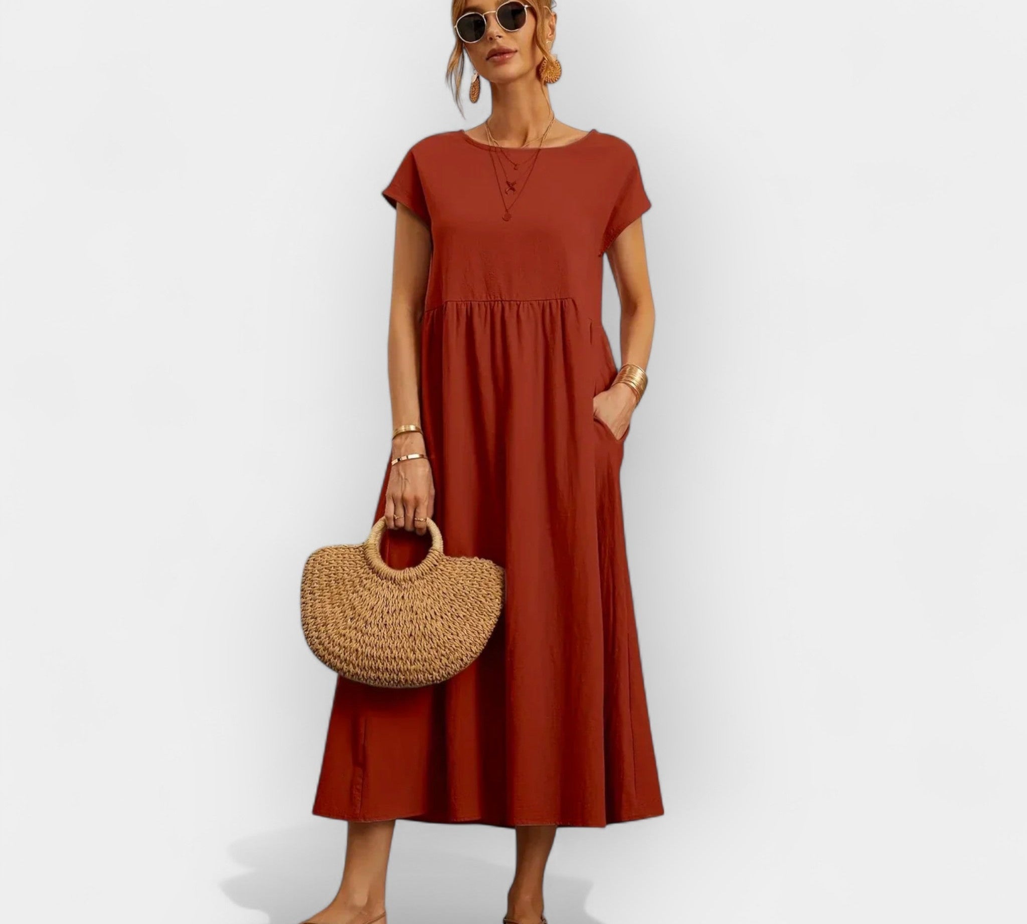 Lagano pamuk listo cvjetno haljina s džepovima