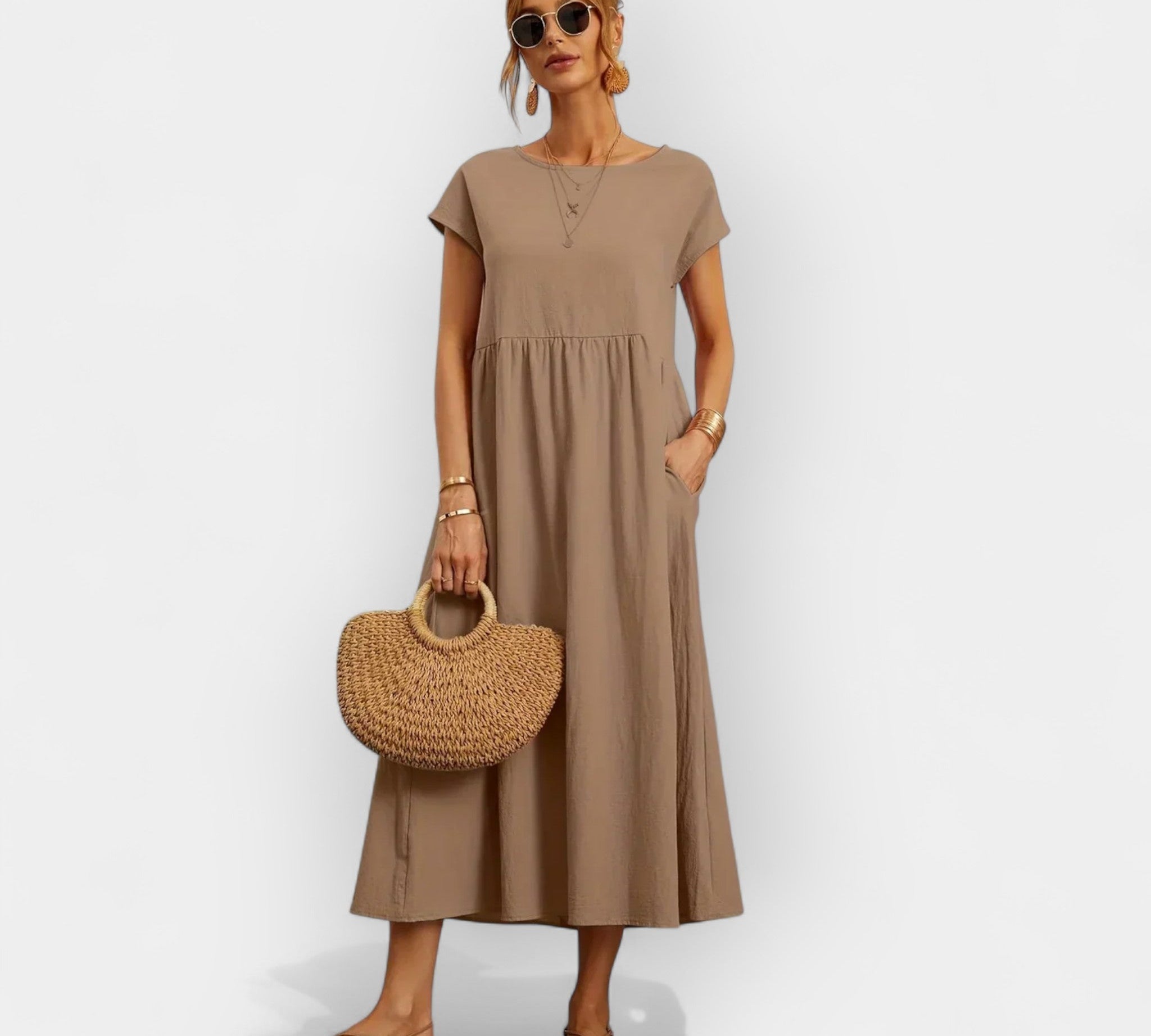 Lagano pamuk listo cvjetno haljina s džepovima