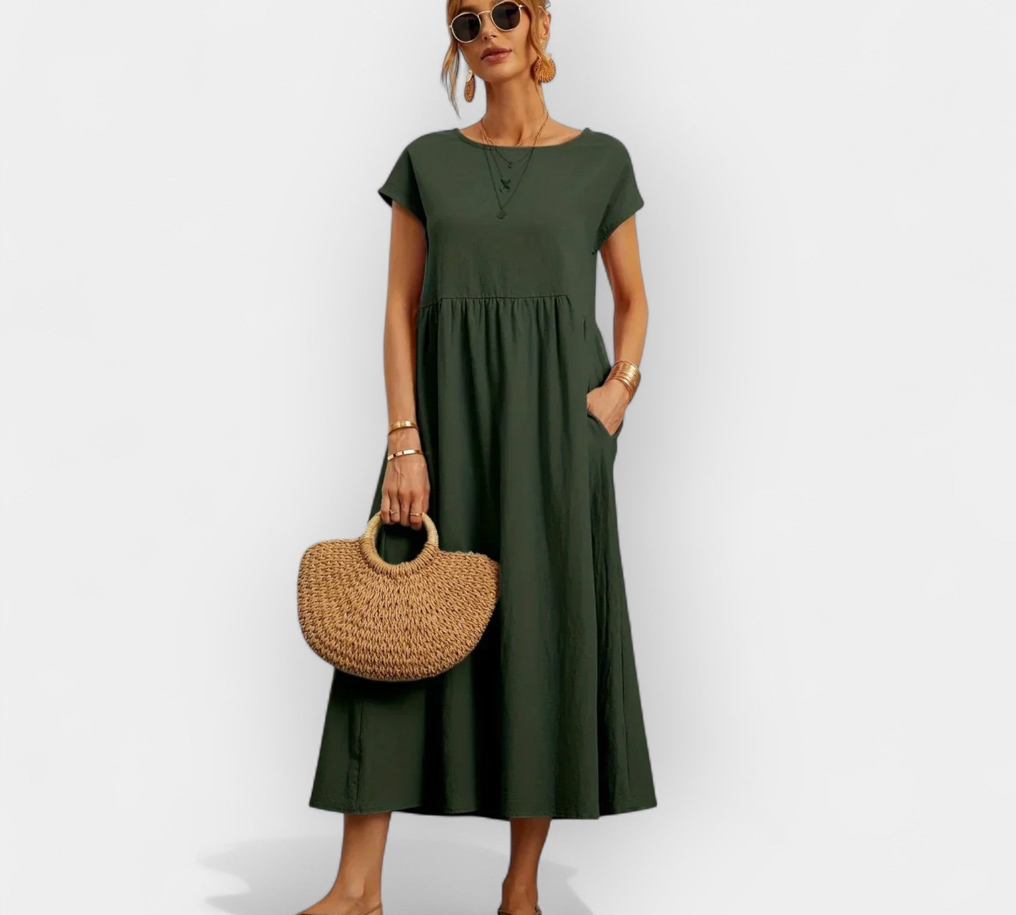 Lagano pamuk listo cvjetno haljina s džepovima