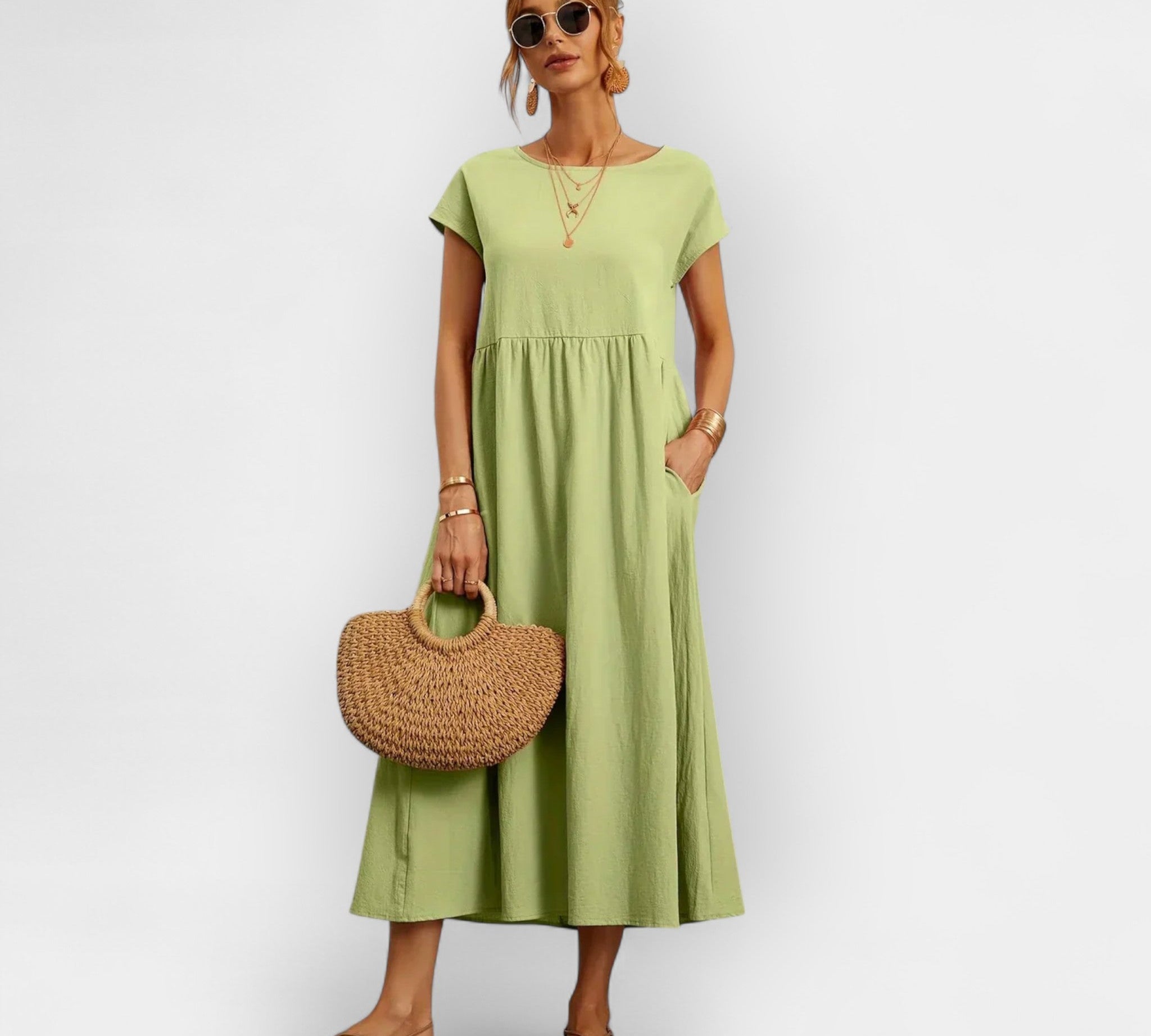 Lagano pamuk listo cvjetno haljina s džepovima