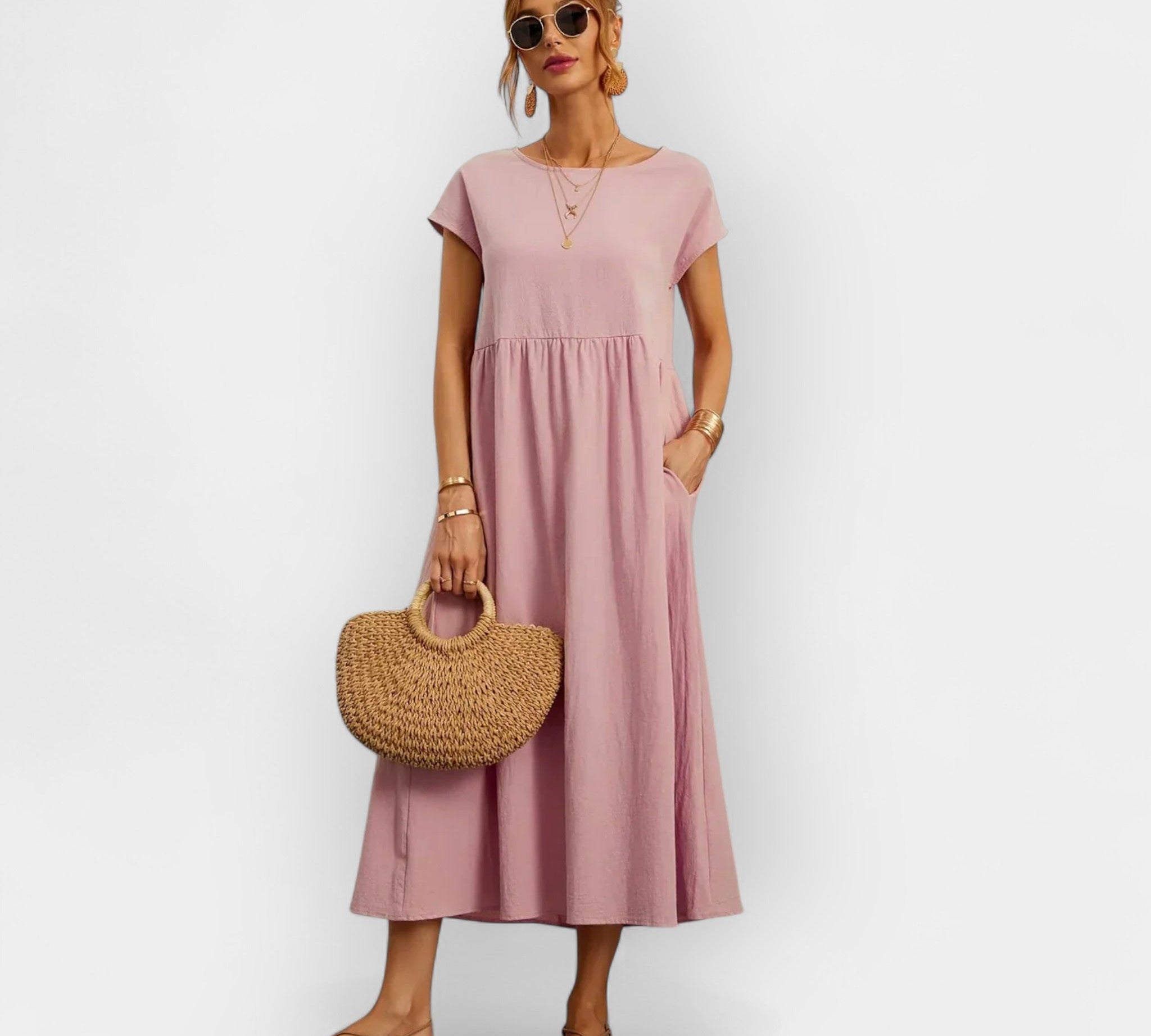 Lagano pamuk listo cvjetno haljina s džepovima