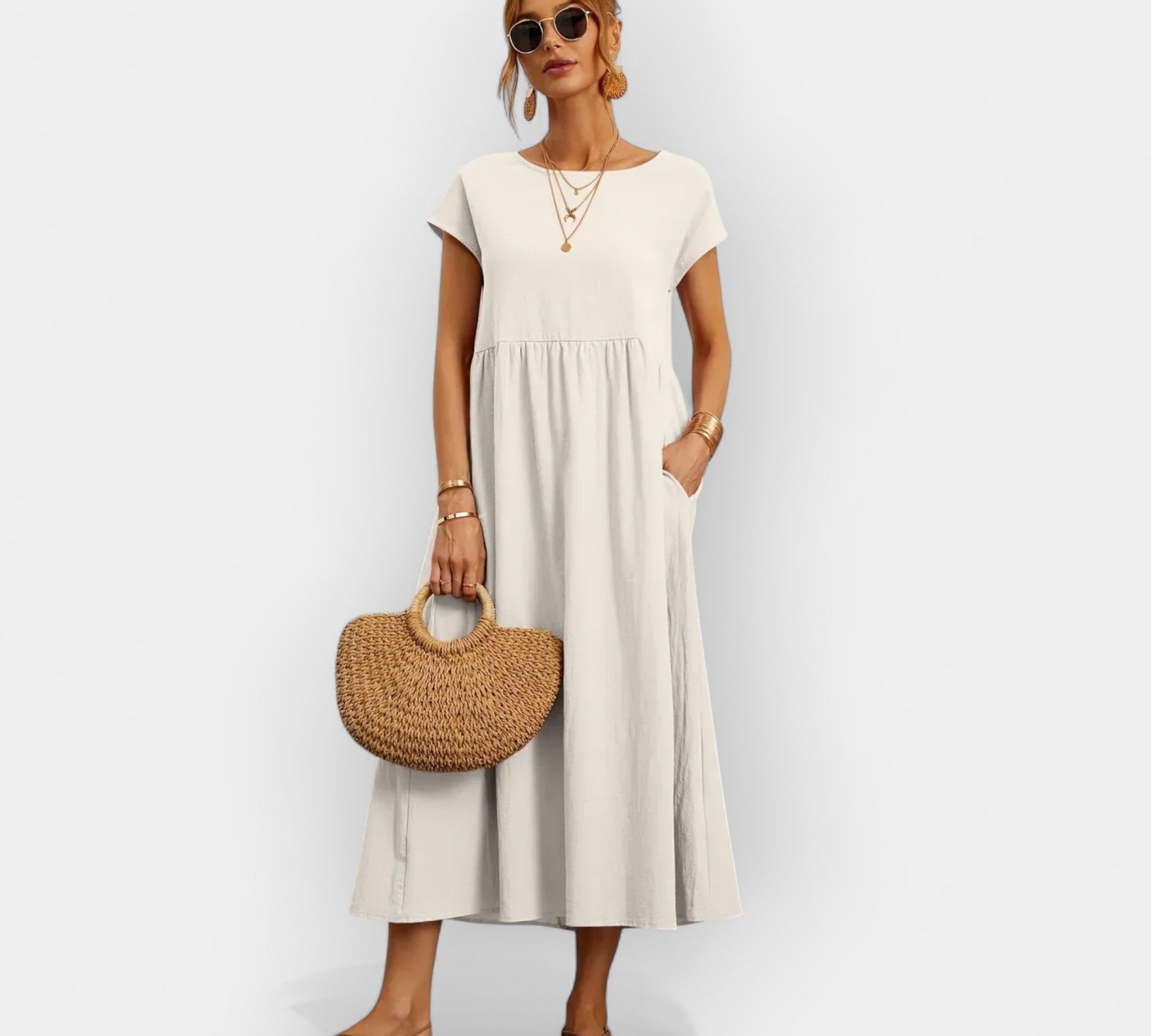 Lagano pamuk listo cvjetno haljina s džepovima