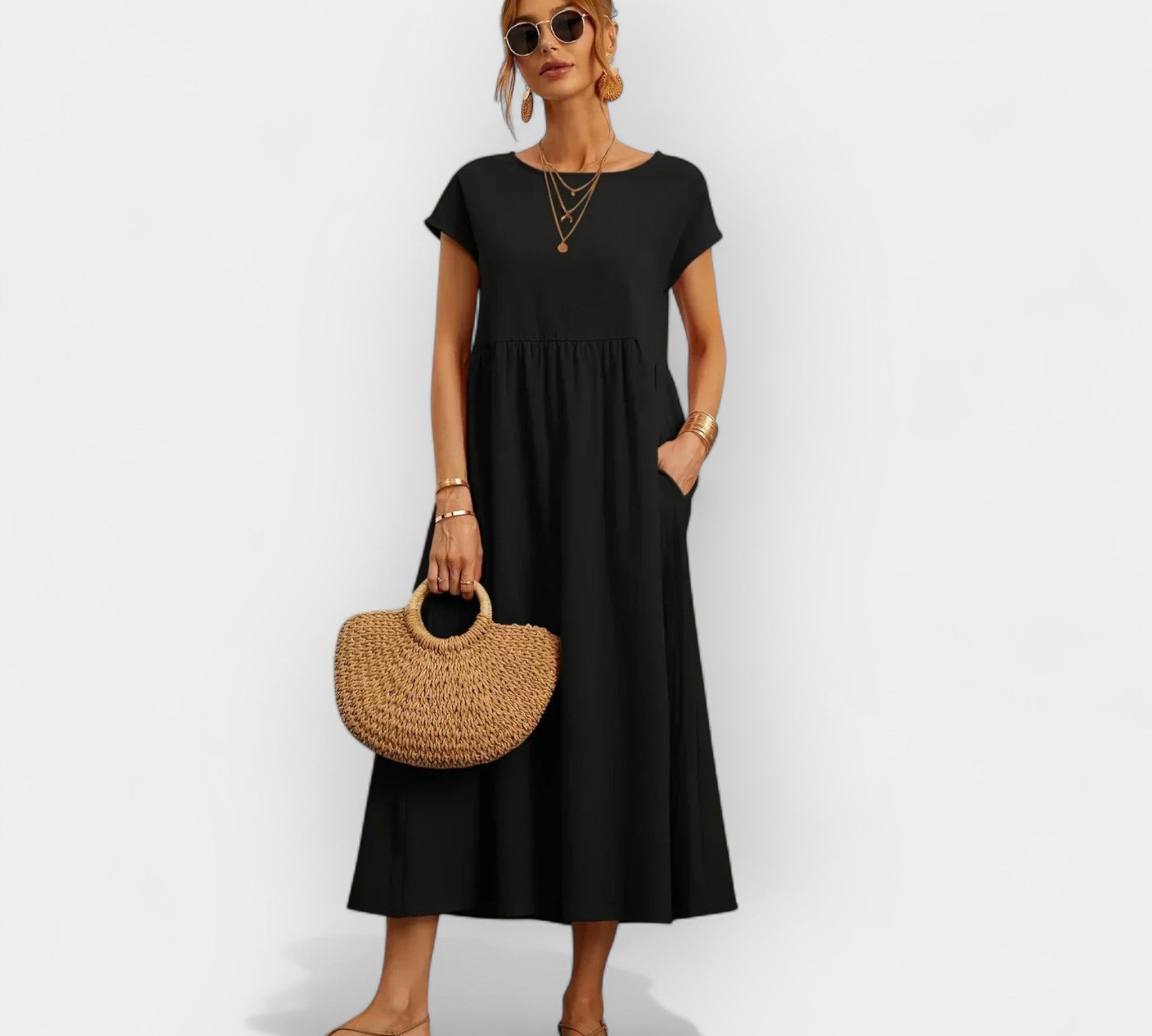 Lagano pamuk listo cvjetno haljina s džepovima