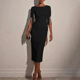 Olivia – Elegant Pearl Sleeve Midi haljina