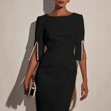 Olivia – Elegant Pearl Sleeve Midi haljina