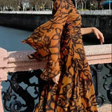 Ashley | Plažni Glam smeđa duga haljina s printom