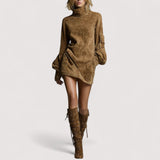 Inara™ | Vintage opuštena mini haljina od brušene kože s dolčevita ovratnikom