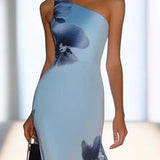 Victoria | Satin Ink Print Off-Shoulder Maxi Haljina