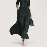 Lorien™ | Elegantna, plisirana maksi haljina s reverom, strukiranim krojem i dugim rukavima