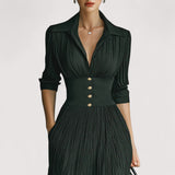 Lorien™ | Elegantna, plisirana maksi haljina s reverom, strukiranim krojem i dugim rukavima