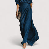 Lenora™ | Elegantni set tamnoplave boje od košulje i duge suknje, mješavina pamuka i lana