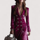 Evelis™ | Ljubičasta dugačka haljina s gumbima, baršunastog materijala i kroja sakoa