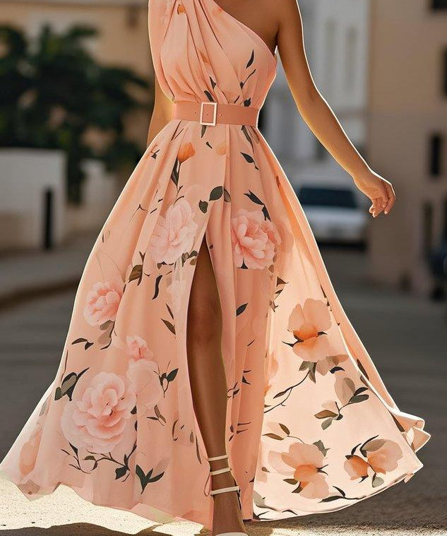 Julie | Svijetlozeleni Cvjetni Chiffon Haljina s Jednim Rame