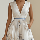 Chloe | Bijela cvjetna chiffon midi haljina s V-izrezom